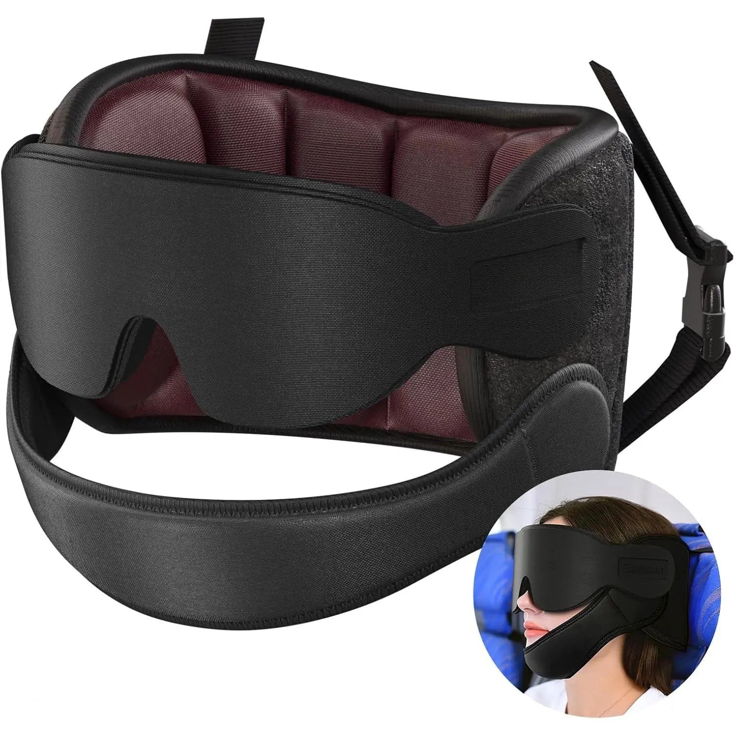 Airplane Travel Pillow Set with Chin Strap and Sleep Mask, 360° Headrest for Long Flights and Road Trips, Black