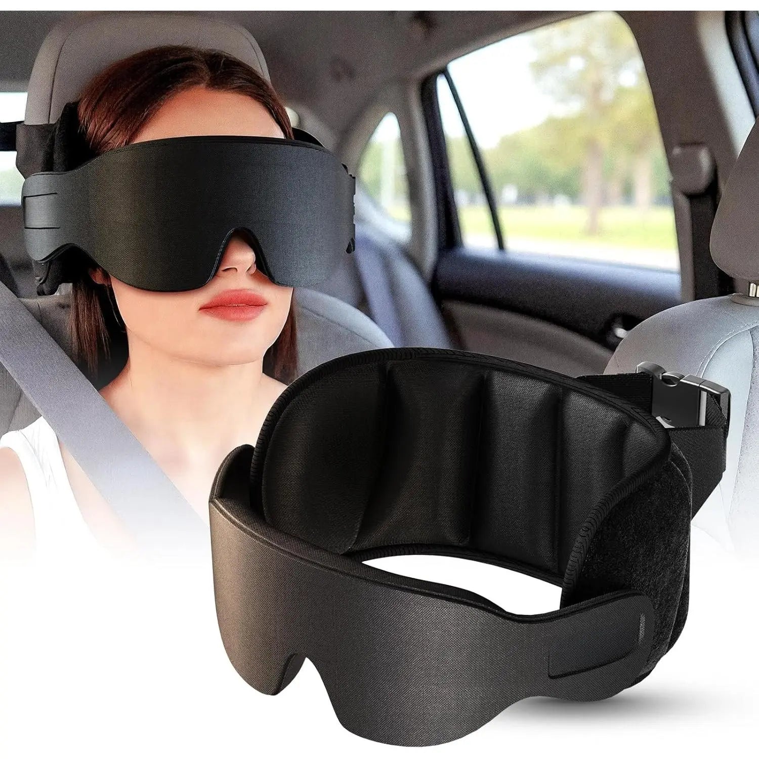Airplane Travel Pillow Set with Chin Strap and Sleep Mask, 360° Headrest for Long Flights and Road Trips, Black