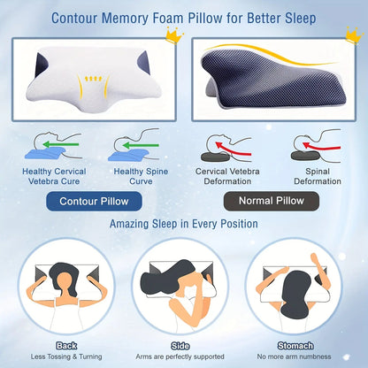 Premium Memory Foam Neck Pillow - Ergonomic Contour Sleep Pillow with Breathable Cover - Ideal for Comfortable Support