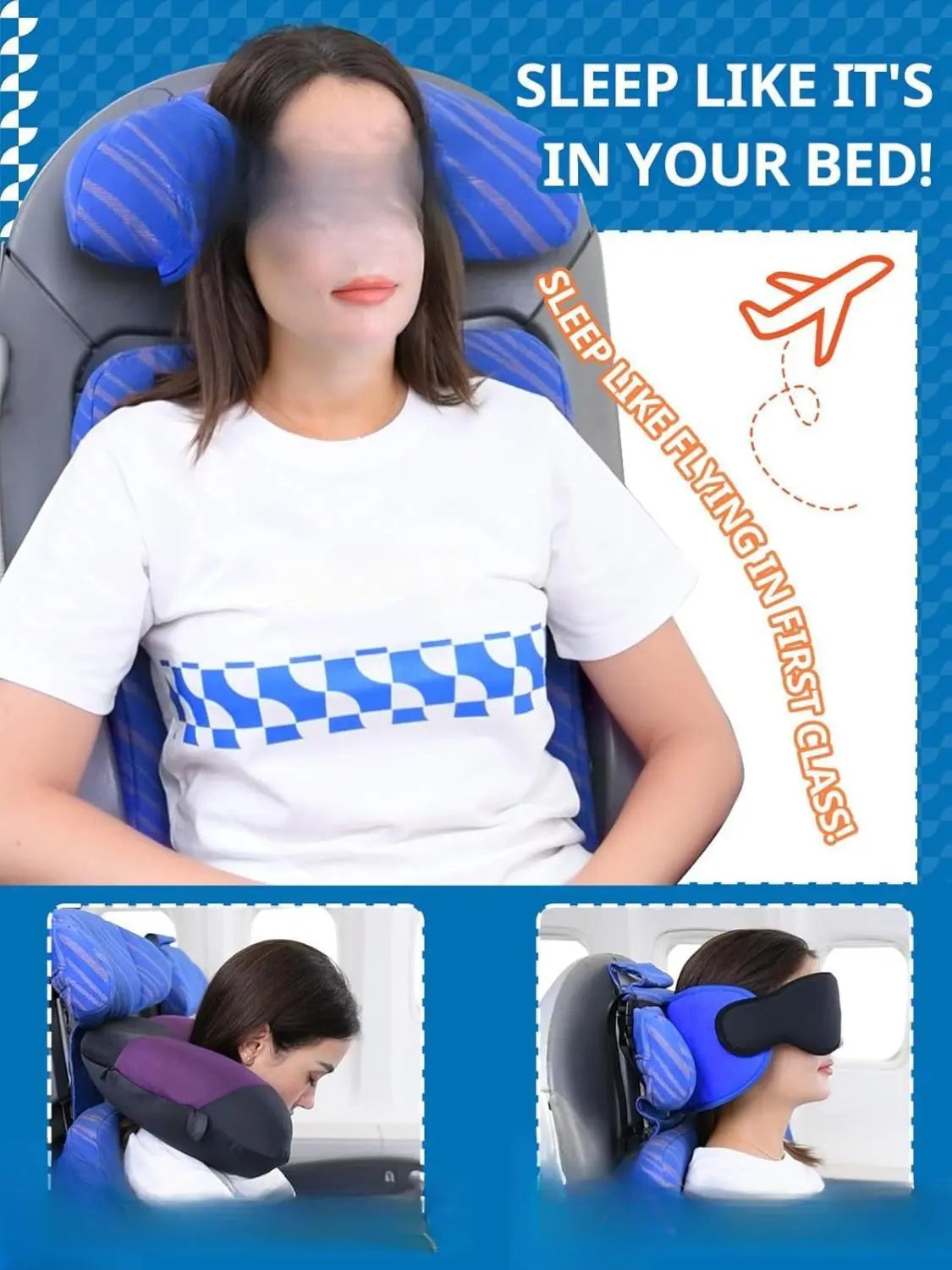 Ergonomic Memory Foam Travel Pillow Set for Airplanes and Road Trips - 360° Support Headrest with Eye Mask and Strap, Black