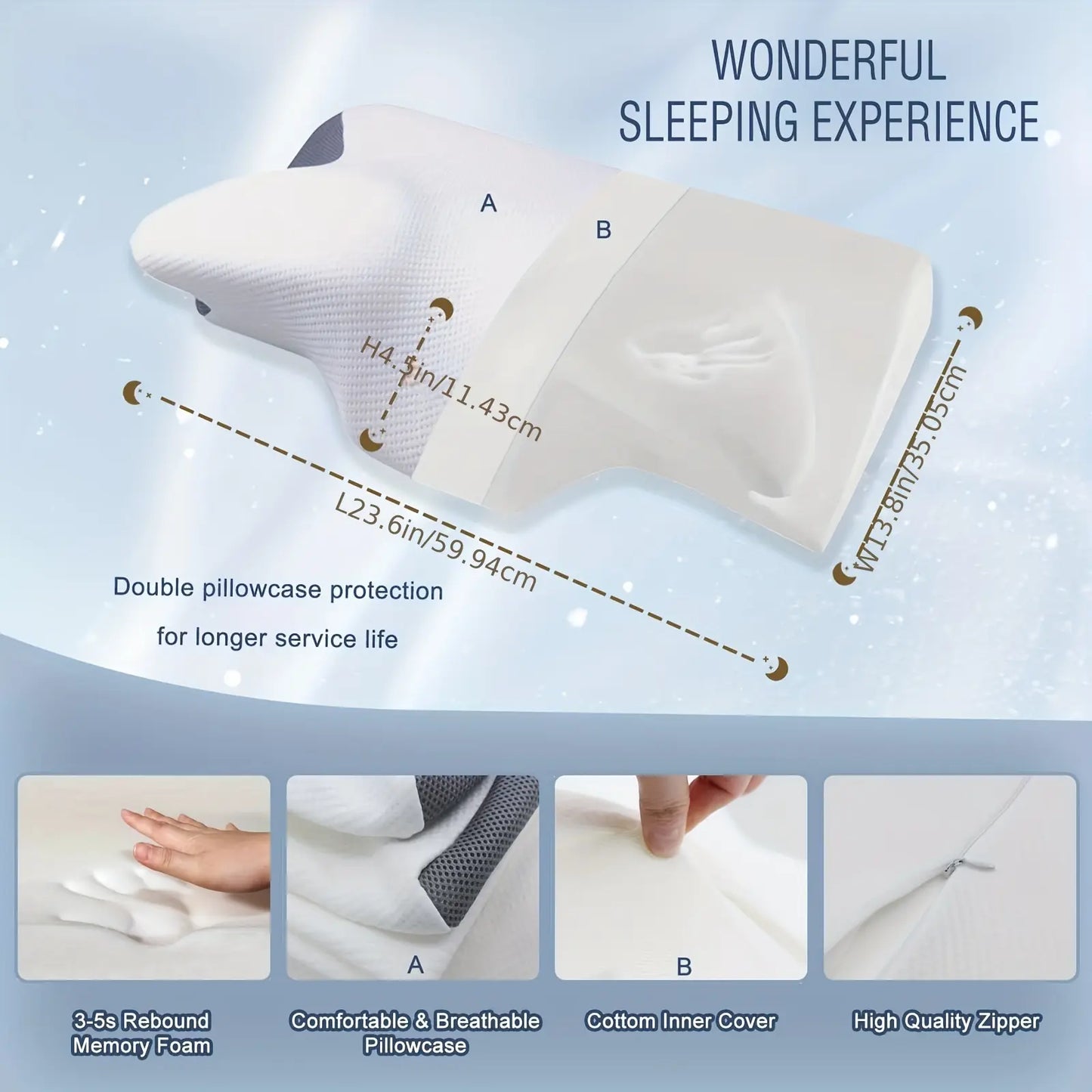 Premium Memory Foam Neck Pillow - Ergonomic Contour Sleep Pillow with Breathable Cover - Ideal for Comfortable Support