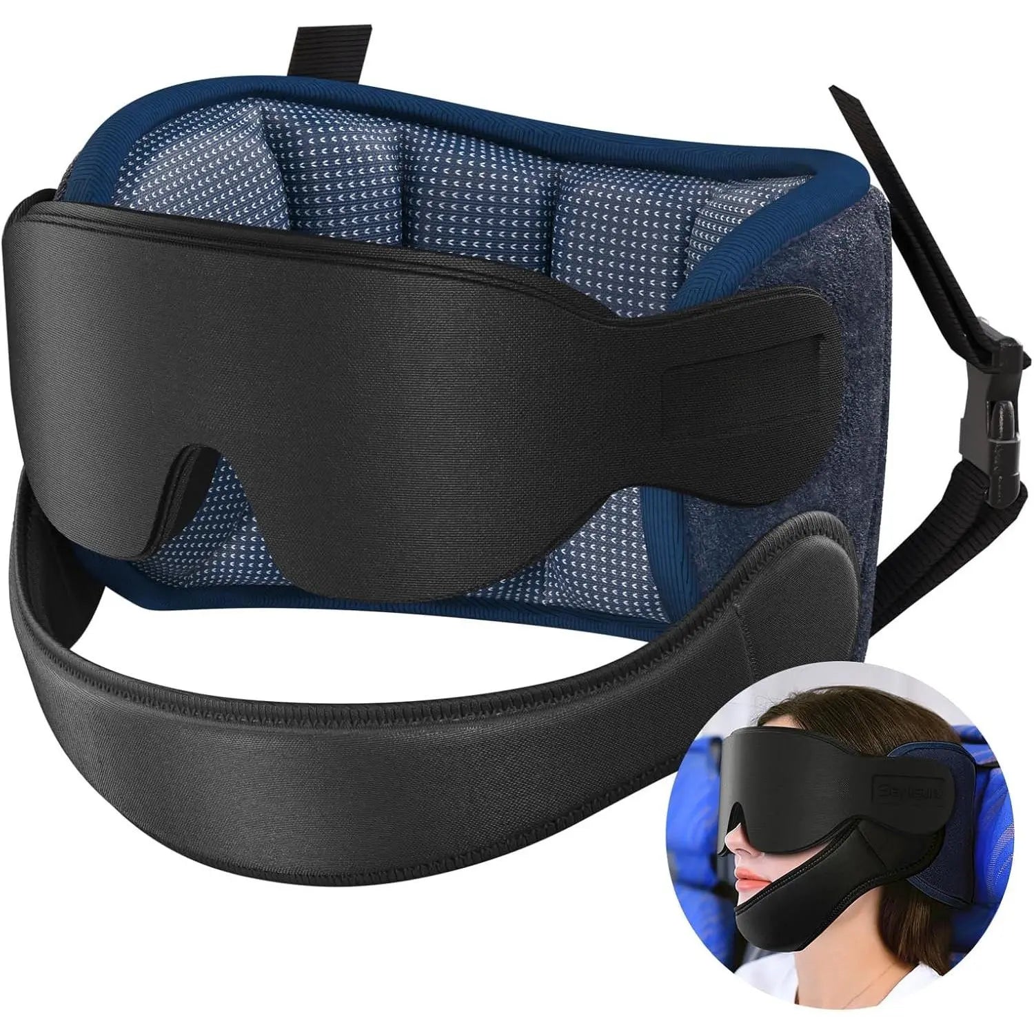 Airplane Travel Pillow Set with Chin Strap and Sleep Mask, 360° Headrest for Long Flights and Road Trips, Black