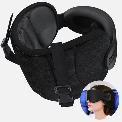 Ergonomic Memory Foam Travel Pillow Set for Airplanes and Road Trips - 360° Support Headrest with Eye Mask and Strap, Black