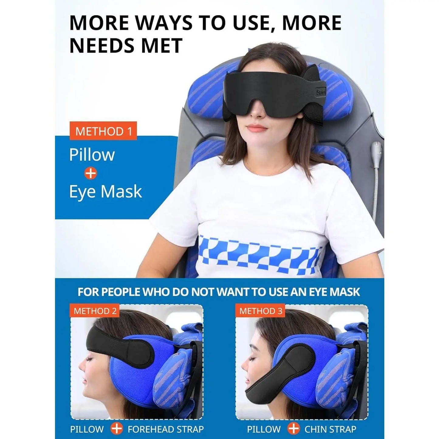 Airplane Travel Pillow Set with Chin Strap and Sleep Mask, 360° Headrest for Long Flights and Road Trips, Black