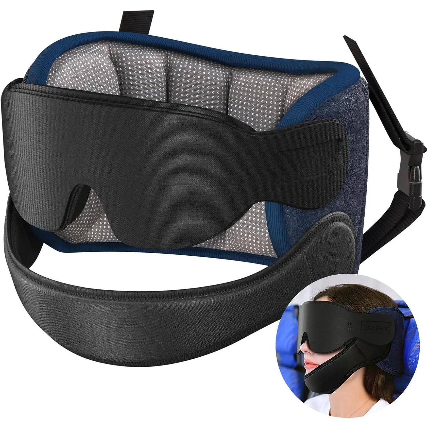 Airplane Travel Pillow Set with Chin Strap and Sleep Mask, 360° Headrest for Long Flights and Road Trips, Black