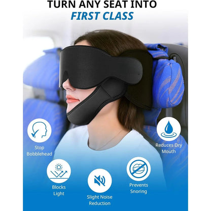 Airplane Travel Pillow Set with Chin Strap and Sleep Mask, 360° Headrest for Long Flights and Road Trips, Black